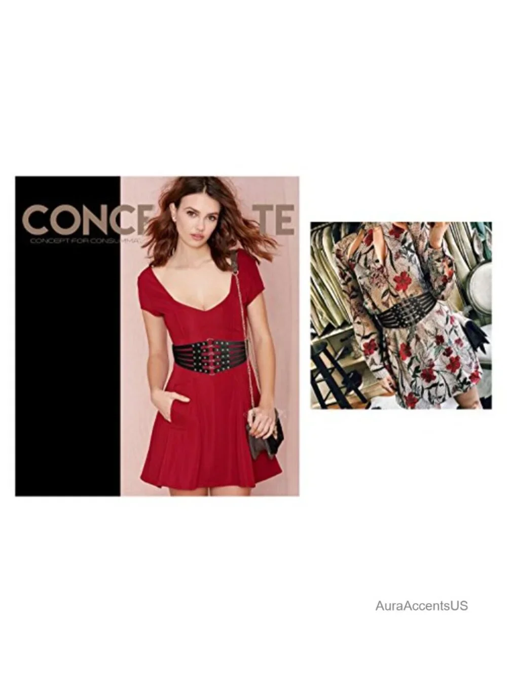 PU Leather Wide Waist Belt Hollow Out Rivets Stretch Cinch Waistband